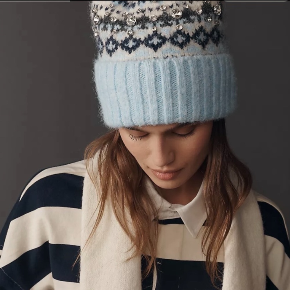 Anthropology Embellished Fairisle Beanie.  Blue Knit Beanie - Picture 2 of 3